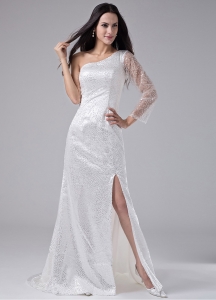 One Shoulder Long Sleeve Prom Dress High Slit Sequins White