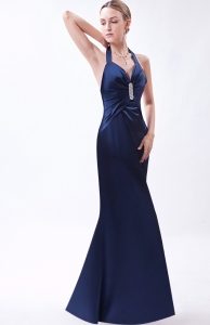 Halter Top Navy Blue Evening Pageant Dress Beading Ruching