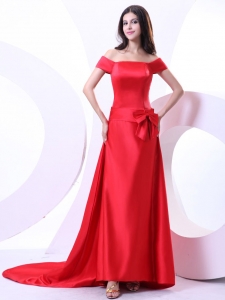 Off the Shoulder Court Train Prom Dress Bowknot Red Satin
