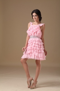 Baby Pink Mini Ruffle Beading Cocktail Graduation Dress