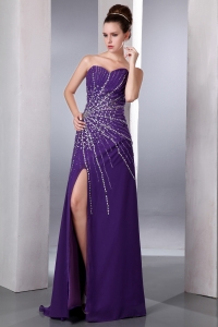 Prom Celebrity Dress High Slit Sweetheart Beading Purple