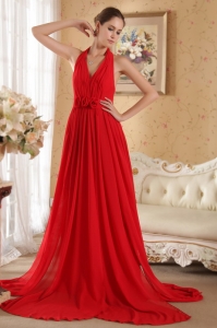 Handle Flowers Prom Evening Dress Red Halter Court Train