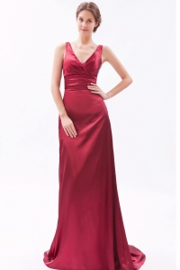 Red V-neck Evening Pageant Dress Brush Train Ruch Column