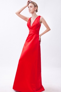 V-neck Straps Prom Evening Dress Red Column Ruch Sash