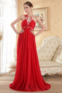 Prom Evening Dress Red Scoop Court Train Beading Empire