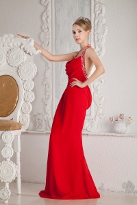 Sexy Back Celebrity Evening Dress Halter Red Ruch Beading