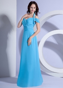 Off Shoulder Halter Top Prom Dress Ruching Aqua Blue