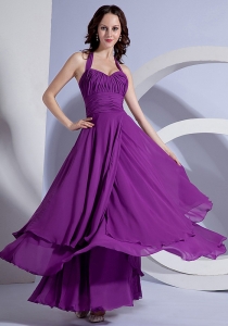 Halter Top Prom Dress Chiffon Ruching Purple Ankle-length