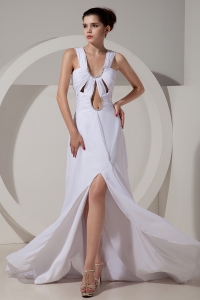 High Slit Prom Celebrity Dress White Straps Beading Ruch