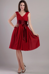 Sash Dama Dress Wine Red Empire V-neck Knee-length Ruch