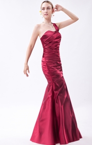 One Shoulder Ruched Prom Evening Dress Wine Red Mermaid