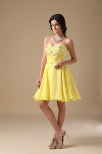 A-line Cocktail Graduation Dress Yellow Mini-length Beading
