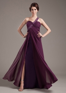 Dark Purple Chiffon Prom Dress One Shoulder Brush Train