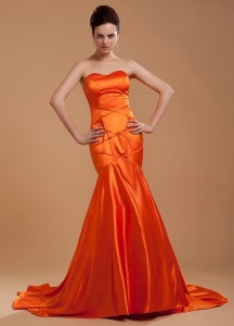 Prom Dress Orange Red Mermaid Brush Train Sweetheart Bead