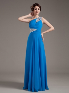 Royal Blue Chiffon Prom Dress One Shoulder Beading Ruching