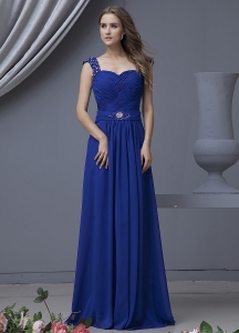Royal Blue Chiffon Prom Dress Beading Straps Ruching