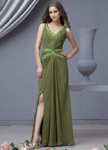 High Slit Olive Green Prom Dress Beading V-neck Chiffon