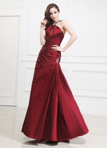 Halter A-Line Prom Dress Beading Taffeta Wine Red Ruching