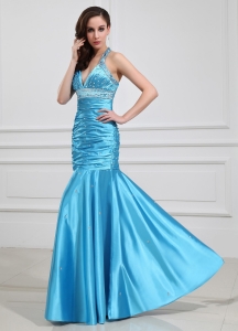 Elastic Woven Satin Prom Dress Beading Halter Aqua Blue