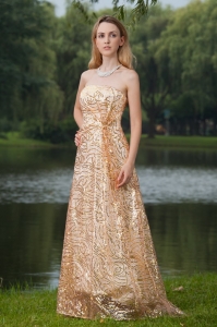 Gold Celebrity Pageant Dress Sequins Empire Strapless