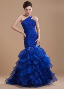 Mermaid Prom Dress Royal Blue One Shoulder Ruffled Layers
