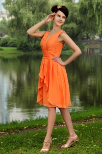 Orange V-neck Dama Dress Ruched Knee-length Empire