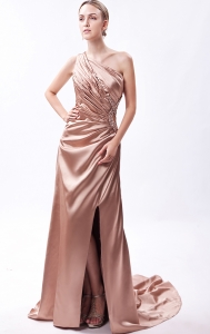 Court Train One Shoulder Prom Dress Brown Elastic Woven Satin