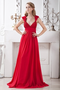 Empire Evening Celebrity Dress Red Strap Beading Chiffon