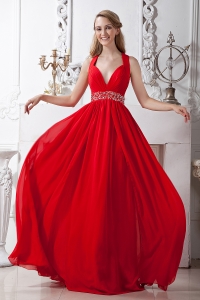 Red V-neck Brush Train Beading Prom Evening Dress