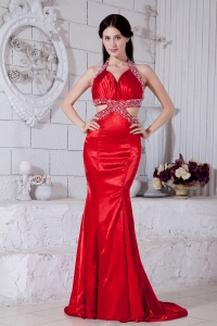 Halter Prom Evening Dress Red Mermaid Brush Train Beading
