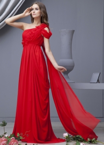 One Shoulder Watteau Train Red Prom Dress Handle Flowers