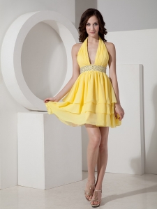 Halter Homecoming Dress Mini-length Chiffon Beading Yellow