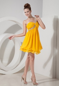 Beading Prom Homecoming Dress One Shoulder Yellow Mini