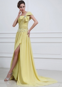 High Slit Yellow Prom Evening Dress One Shoulder Brush Train