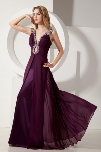 Dark Purple Prom Evening Dress Elastic Woven Chiffon Beaded