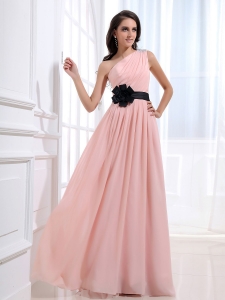 Black Sash Prom Dress Baby Pink One Shoulder Ruched