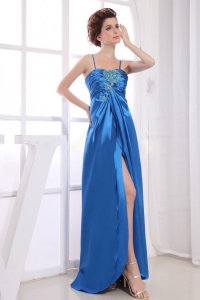 Splitted Royal Blue Evening Dress With Straps and Beading
