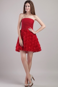 Wine Red Mini-length Cocktail Holiday Dress Rolling Flowers
