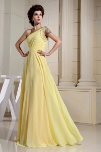 Beaded Decorated One Shoulder Yellow Simple Prom Dress