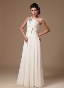Beaded Decorate One Shoulder White Empire Chiffon 2013 Prom Pageant Gowns