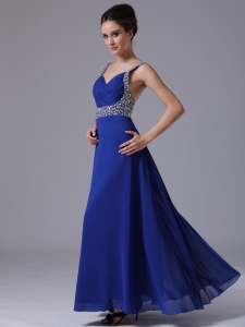Beaded Straps Chiffon Royal Blue Evening Dress