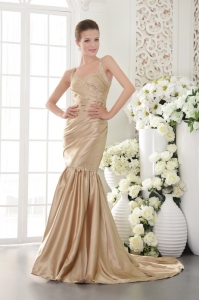 Champagne Mermaid Beaded Evening Pageant Dress