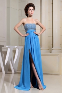 High Slit Bead Bust For Sexy Blue Prom Dress