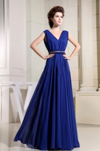 Royal Blue Prom Dress With V-neck Chiffon