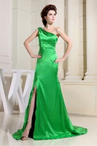 Spring Green Prom Dress One Shoulder Slit Brush Train