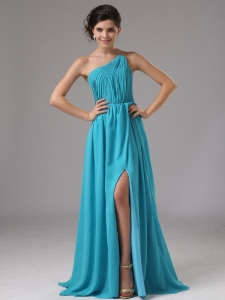 Chiffon High Slit Aqua Blue Brush/Sweep Prom Pageant Dress