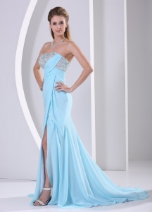 Wholesale Aque Blue Slit Beaded Pageant Evening Dress