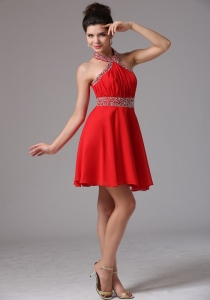 Halter Red Beaded and Ruched Prom Dresses Mini-length