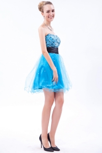 Beading Prom Dresses Baby Blue A-line Strapless Mini-length