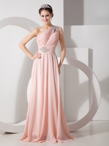 Baby Pink One Shoulder Beading Evening Pageant Dress